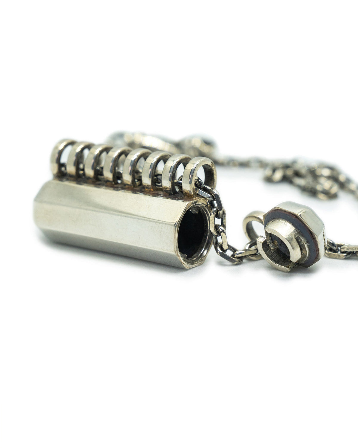 Kerala Large amulet necklace in sterling silver, shown open with the chamber visible.