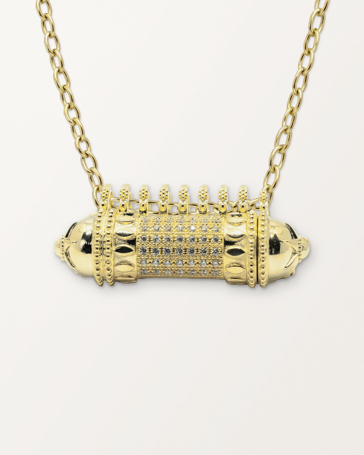 Antique Pave openable amulet necklace in 14K or 18K yellow gold, close-up of the closed front.