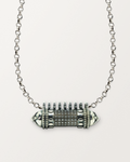 Sterling silver Antique Pave amulet necklace, closed, on a warm bone-white background, chain exiting the top of frame.