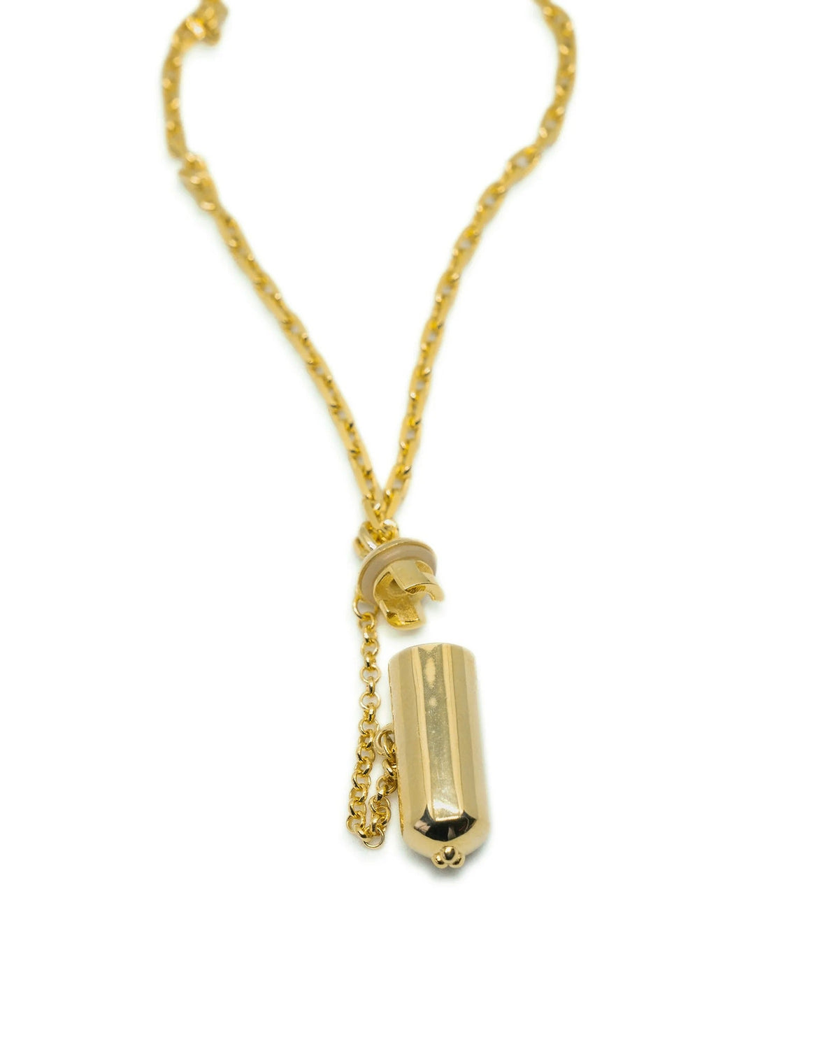 Capsule Small openable amulet necklace in 14K or 18K yellow gold, shown open.