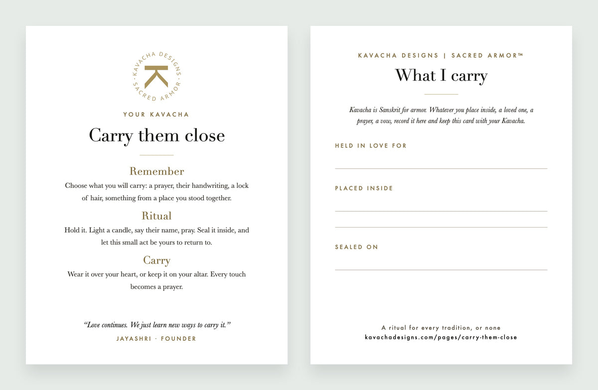 The Carry Them Close ritual card: the three steps on the front, and lines for Held in love for, Placed inside and Sealed on on the back