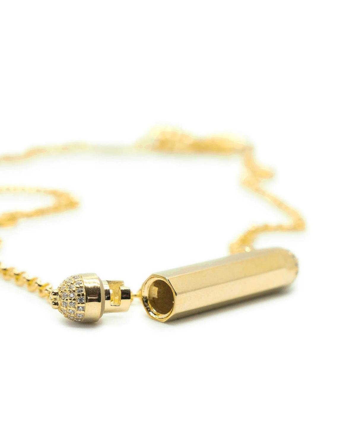 Kerala Pave openable amulet necklace in 14K or 18K yellow gold, shown open.