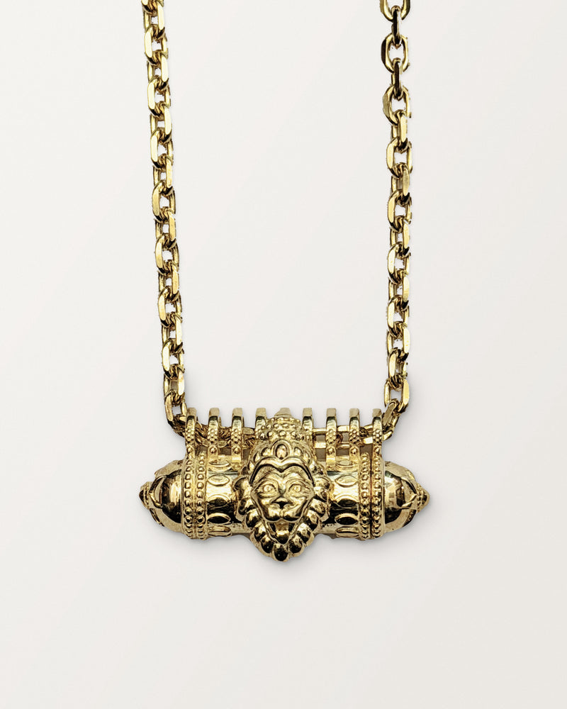 Narashimha openable amulet necklace in 14K or 18K yellow gold, shown closed on its chain.