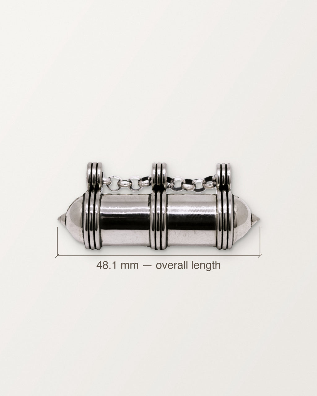 Sterling silver Pankaj amulet with its measurement: 48.1 mm long from end to end.