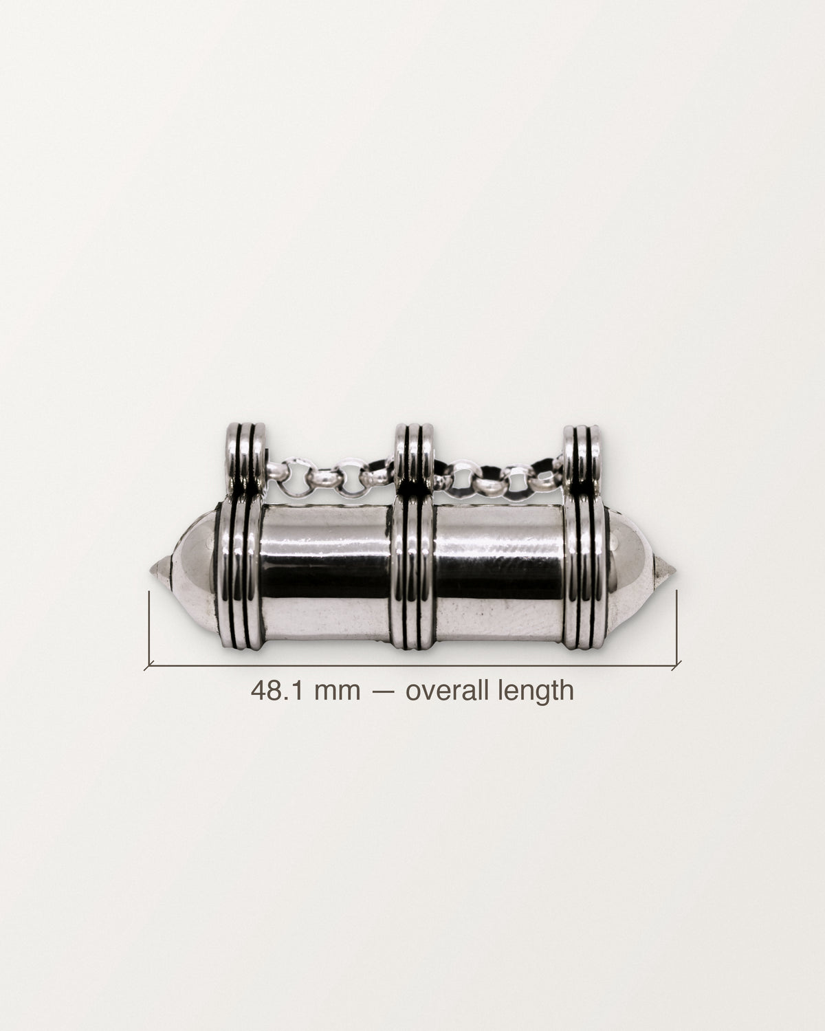 Sterling silver Pankaj amulet with its measurement: 48.1 mm long from end to end.