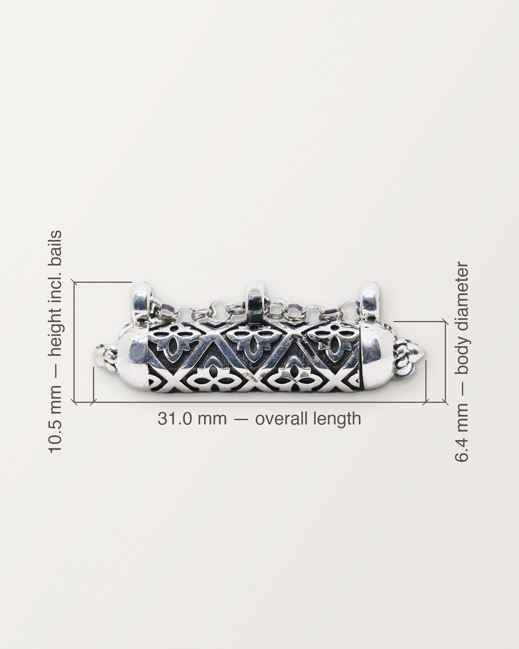Sterling silver Shakti amulet with labeled overall length, diameter, and height dimension lines from nominal CAD values.