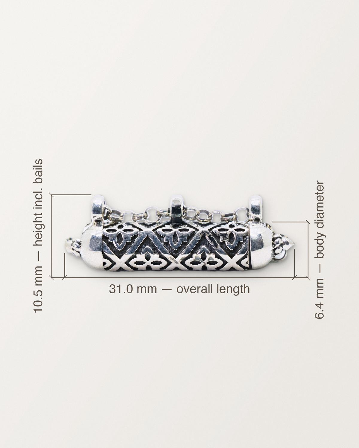 Sterling silver Shakti amulet with labeled overall length, diameter, and height dimension lines from nominal CAD values.