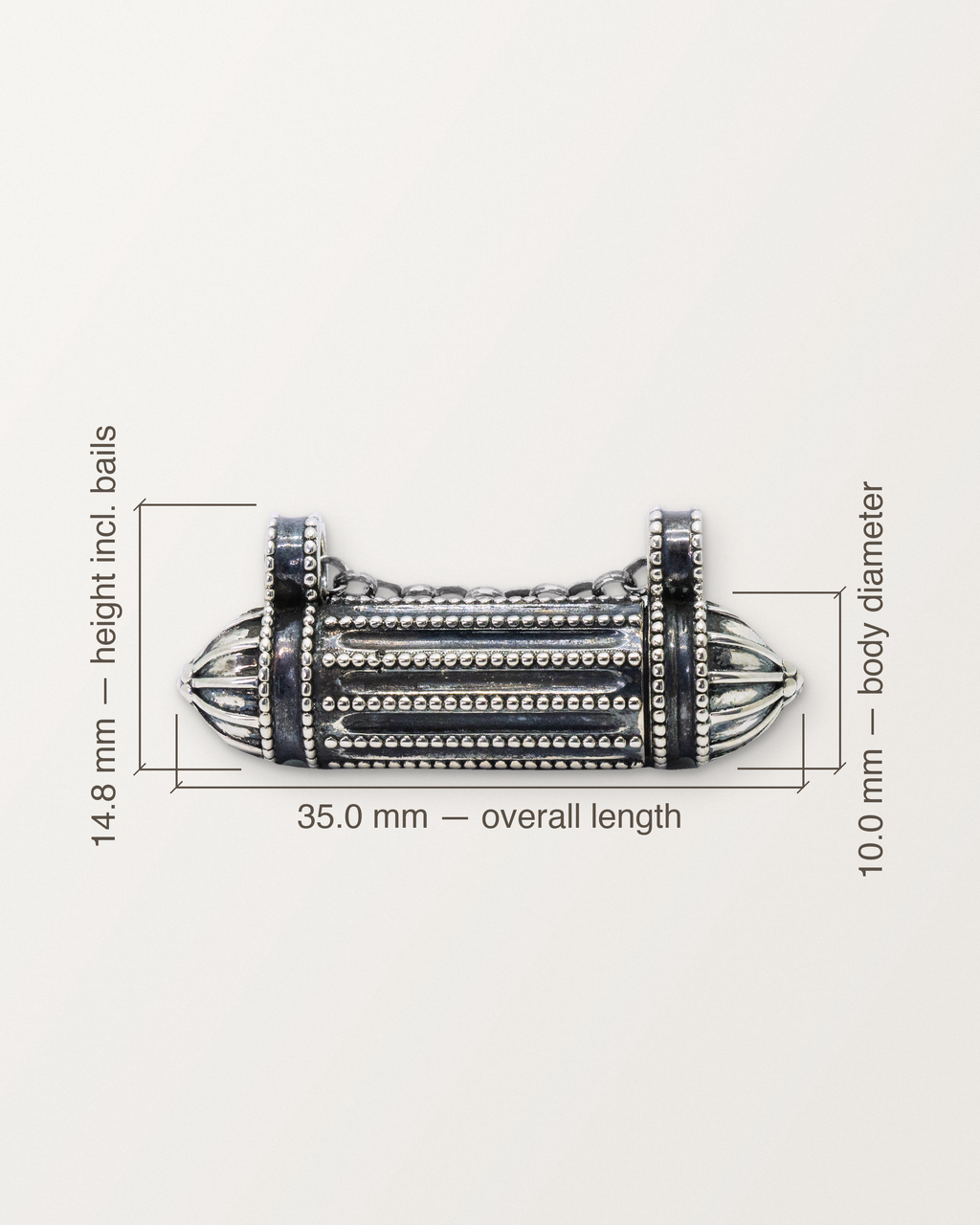Sterling silver Taweez amulet with its measurements: 35.0 mm long, 14.8 mm tall including the bails, 10.0 mm across.