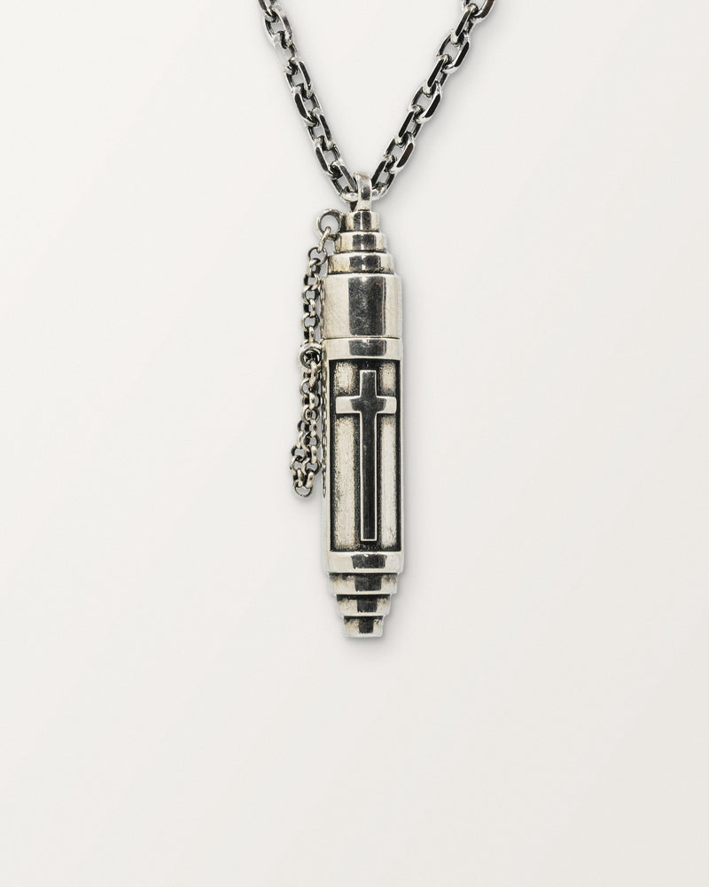 Vertical Cross amulet necklace in sterling silver, shown closed.