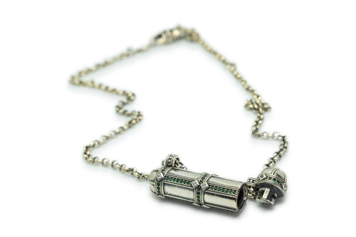 Afghani Tribal Emerald amulet necklace in sterling silver, shown open with the chamber visible.