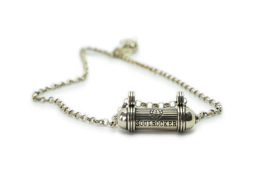 SOULROCKER amulet necklace in sterling silver, shown closed on a white background.