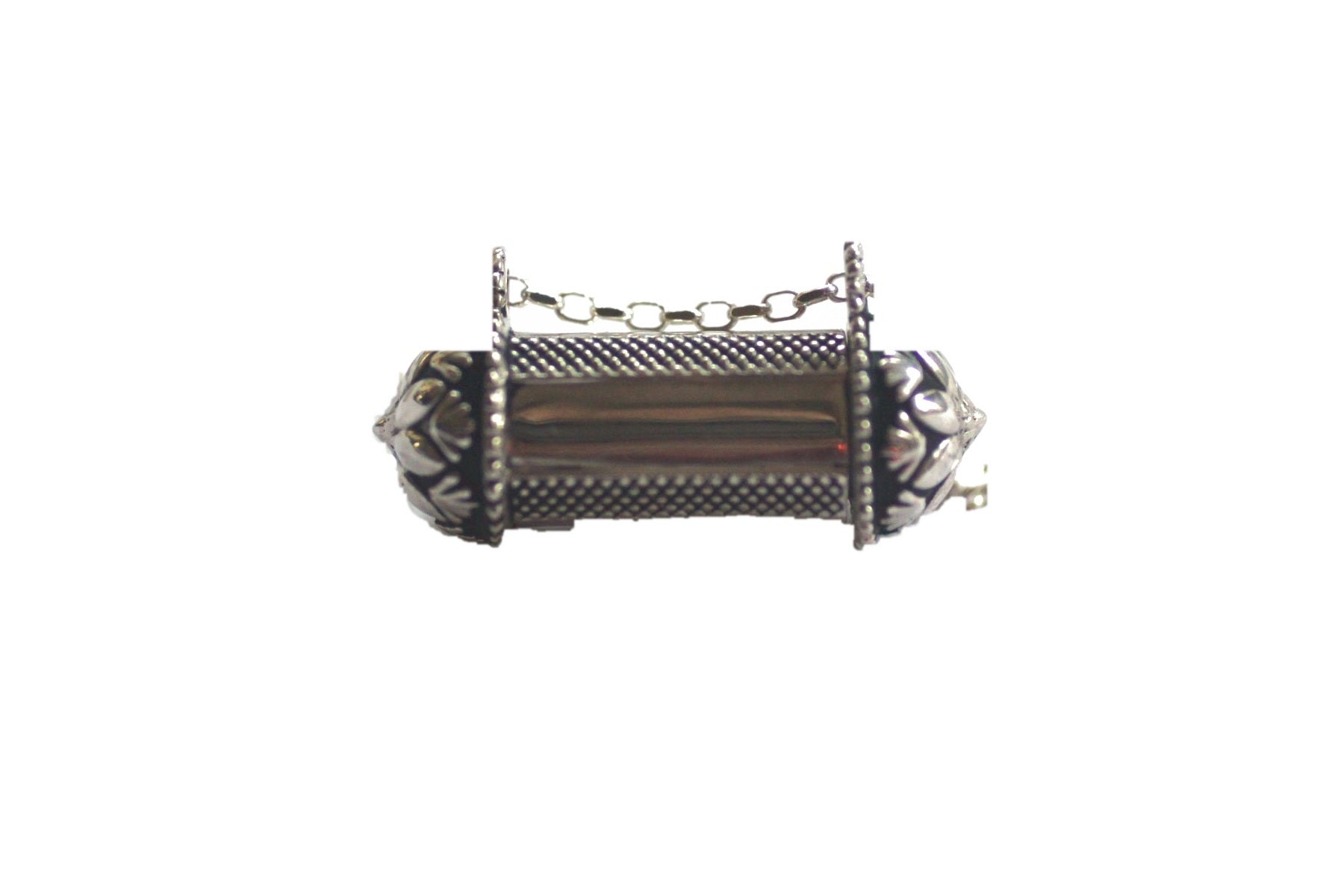 Pushpa Kavacha amulet necklace in sterling silver, front view on white background