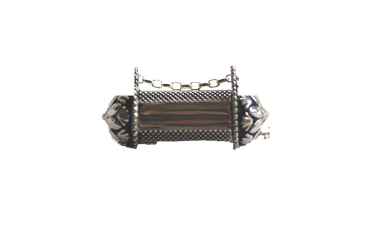 Pushpa Kavacha amulet necklace in sterling silver, front view on white background