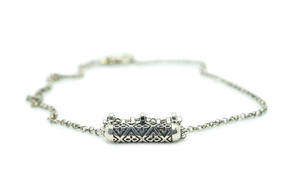 Shakti sterling silver amulet necklace shown closed.
