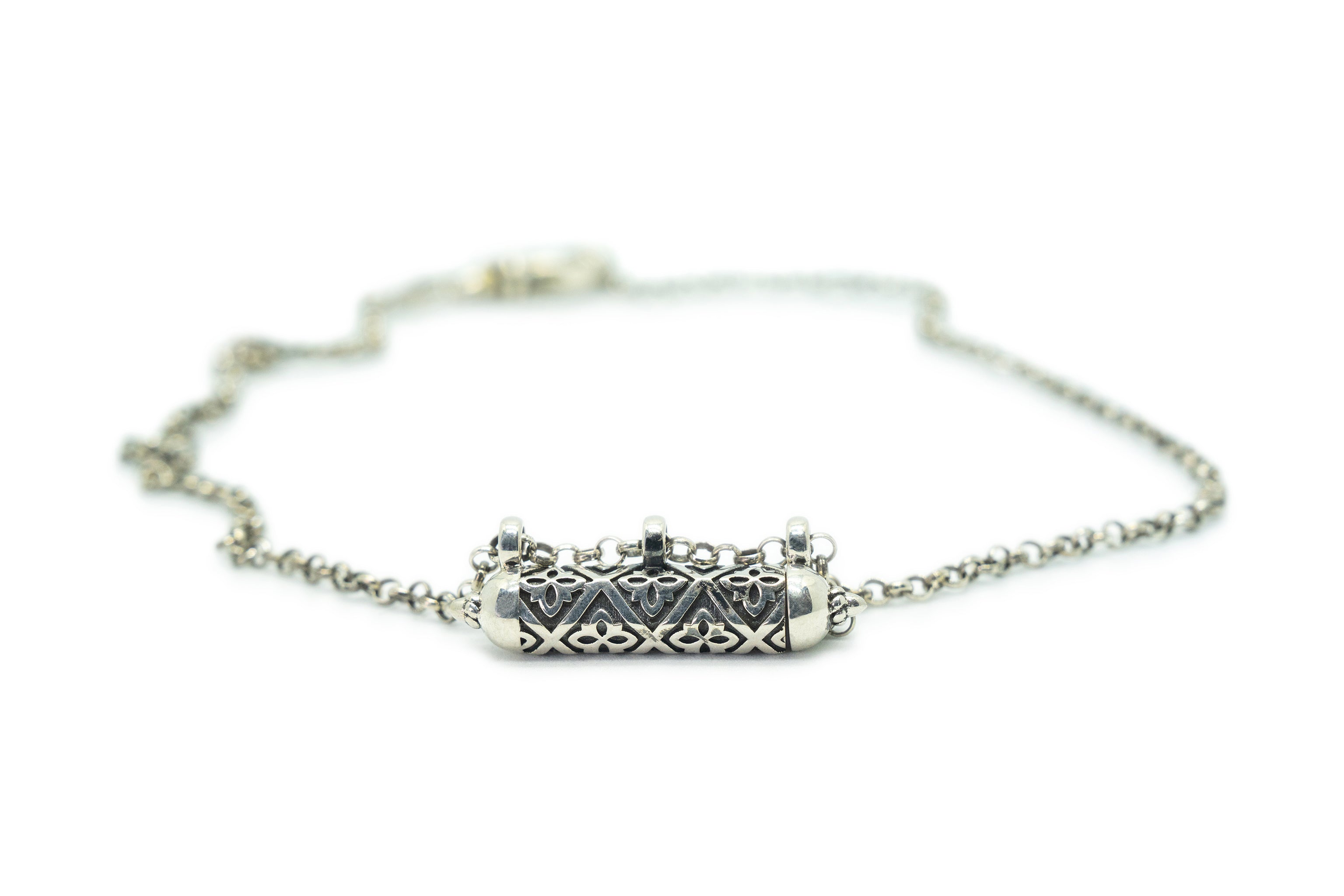 Shakti sterling silver amulet necklace shown closed.