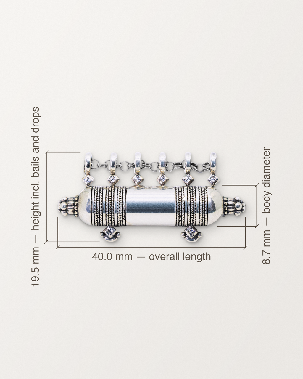Sterling silver Yemen Wedding amulet with dimension lines: 40.0 mm long, 8.7 mm across, 19.5 mm tall including bails and drops.