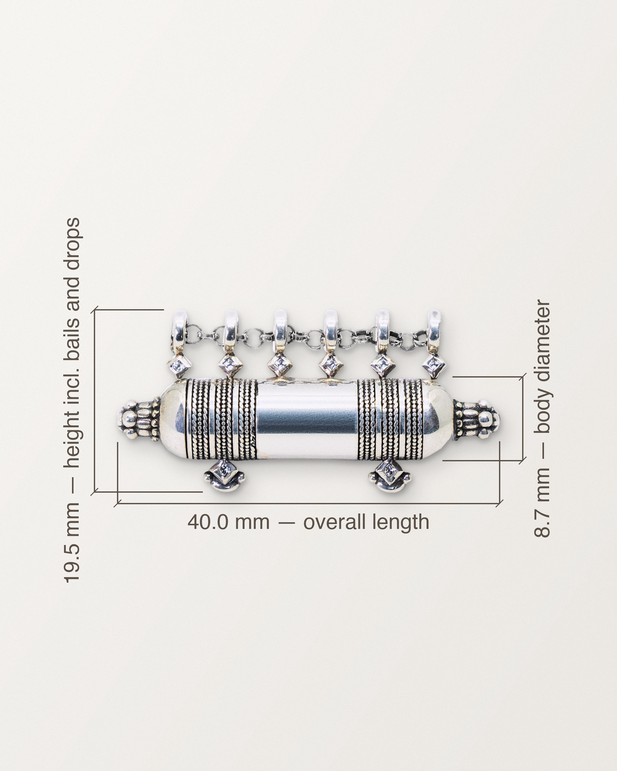 Sterling silver Yemen Wedding amulet with dimension lines: 40.0 mm long, 8.7 mm across, 19.5 mm tall including bails and drops.